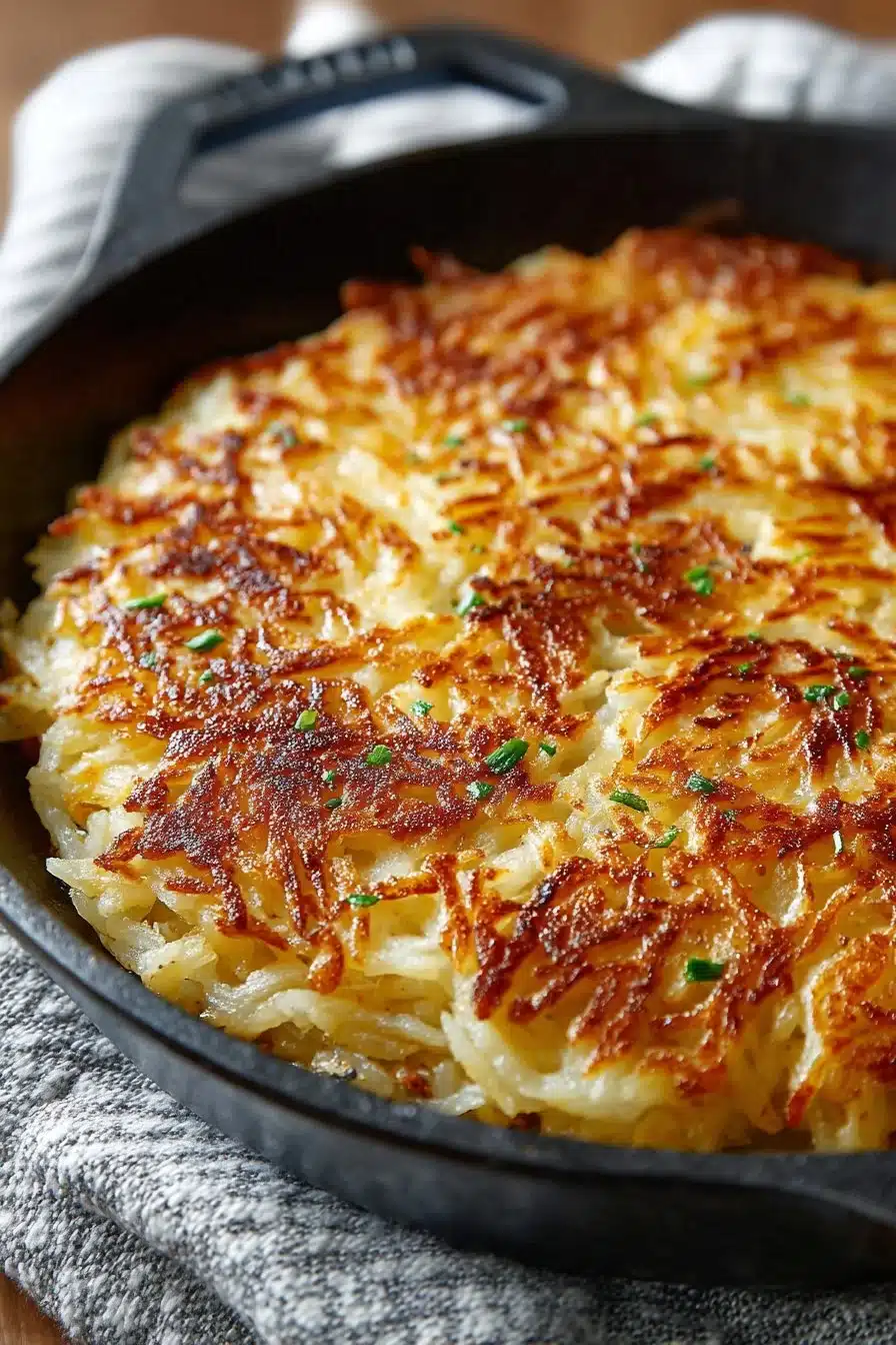 Easy skillet fried hashbrowns with onions served in a skillet