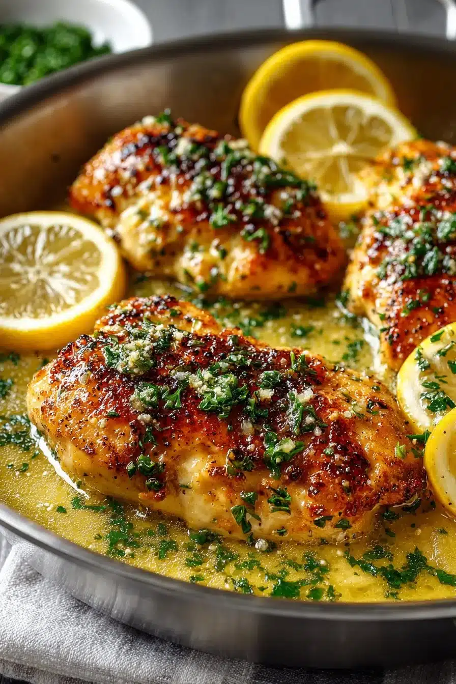 Skillet lemon garlic butter chicken breasts garnished with herbs