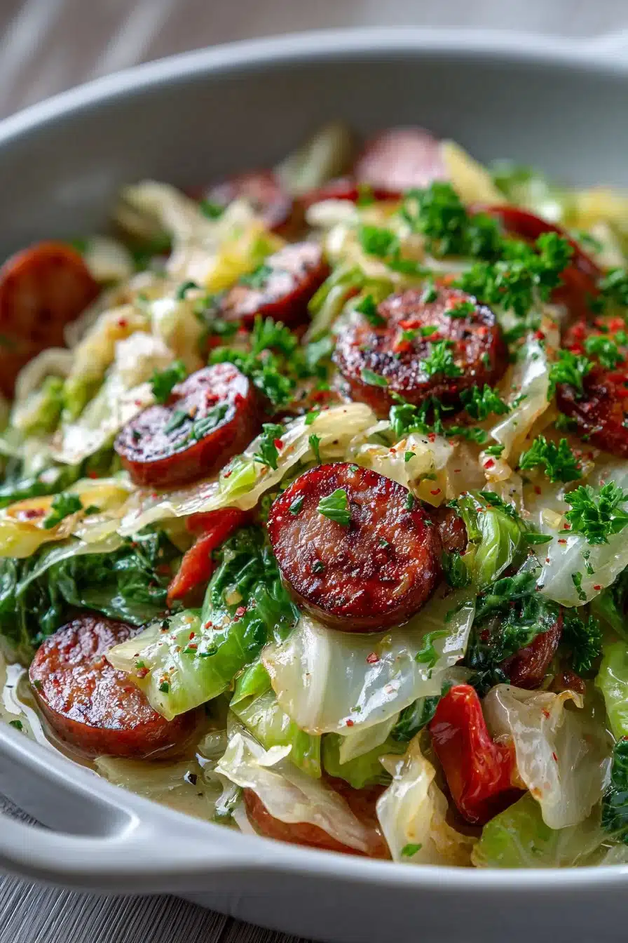 Delicious skillet smothered cabbage with smoked sausage in a cast iron pan