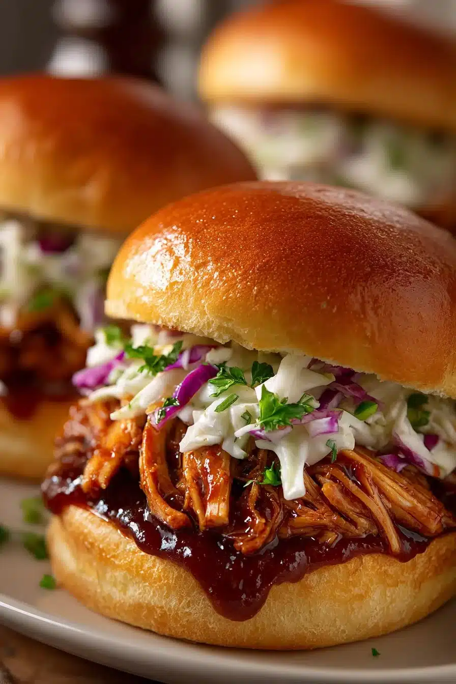 Easy Slow Cooker BBQ Pulled Chicken Sandwiches Deliciously slow-cooked BBQ pulled chicken sandwiches served on a bun.