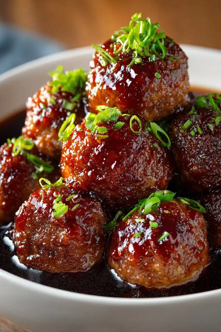 Easy slow cooker sweet and sour meatballs served in a bowl.