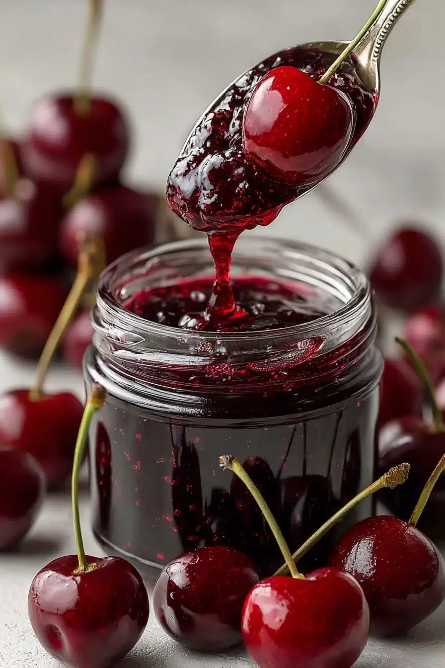 Easy Small Batch Tart Cherry Jam Homemade small batch tart cherry jam in a jar with fresh cherries
