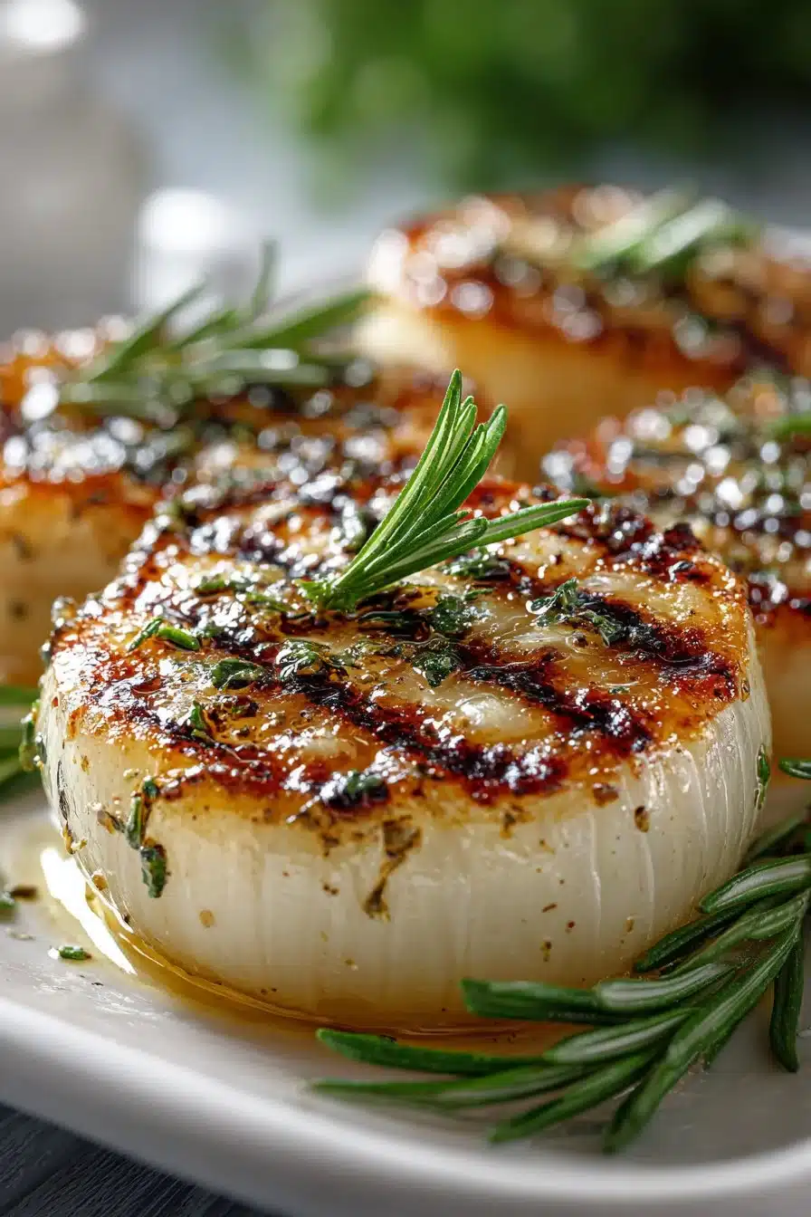 Grilled sweet onion slices on a barbecue grill during summer cookout