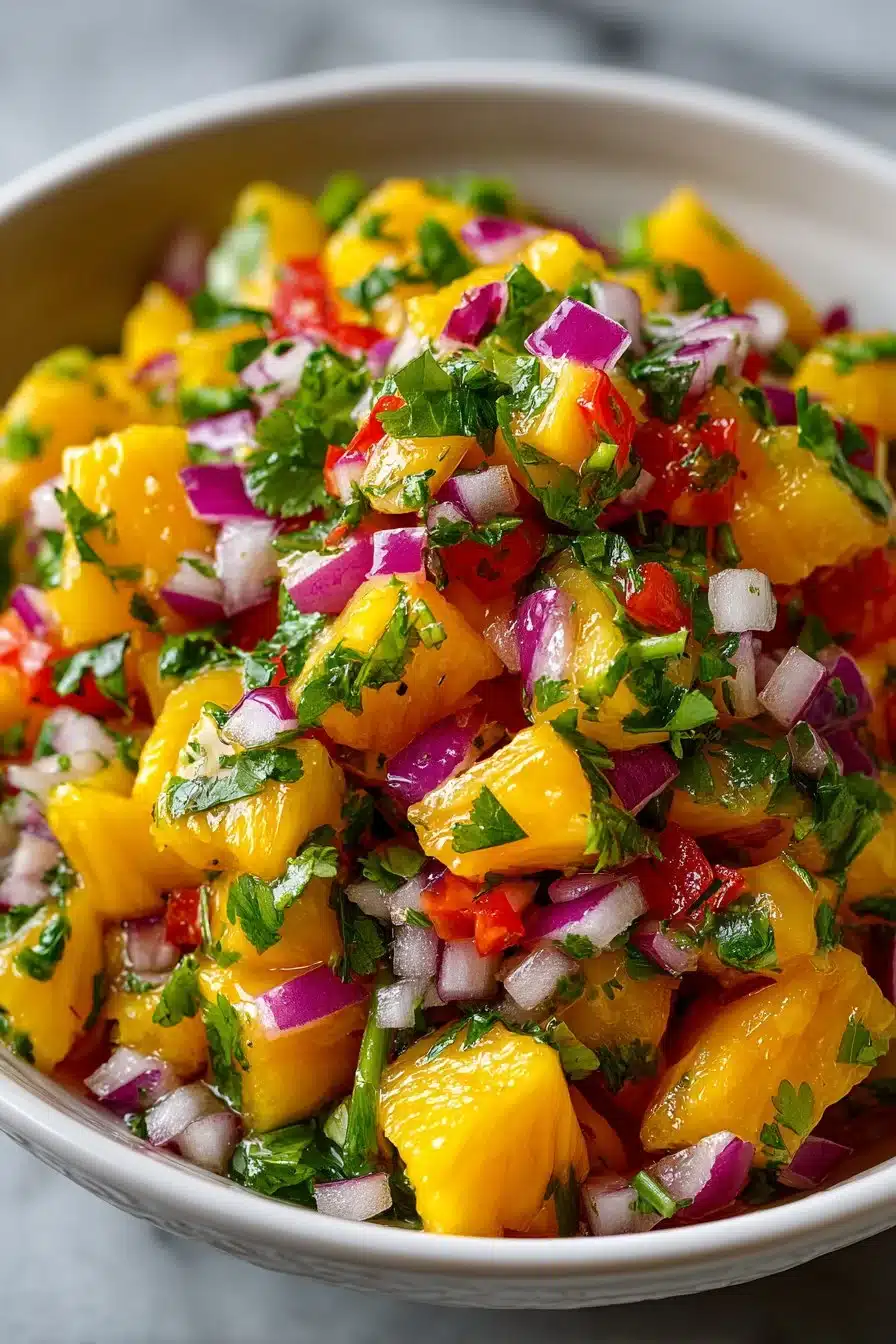 Bowl of easy summer pineapple mango salsa with fresh ingredients
