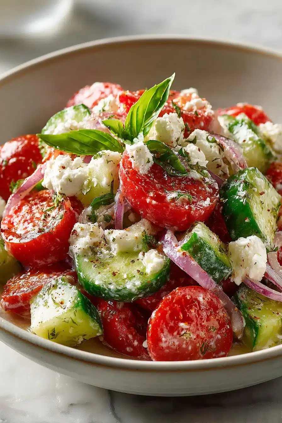 Fresh and delicious Tomato Cucumber Feta Salad on a plate
