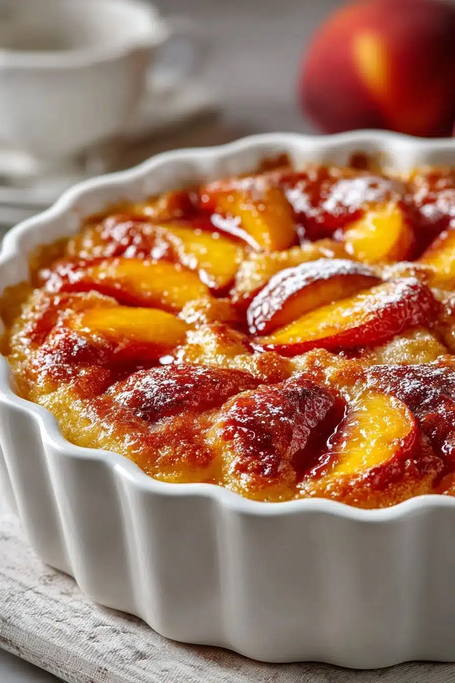Delicious homemade summer peach cobbler with golden crust and fresh peaches