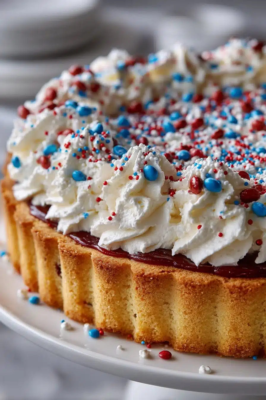Festive 4th of July cookie cake dessert decorated with red, white, and blue