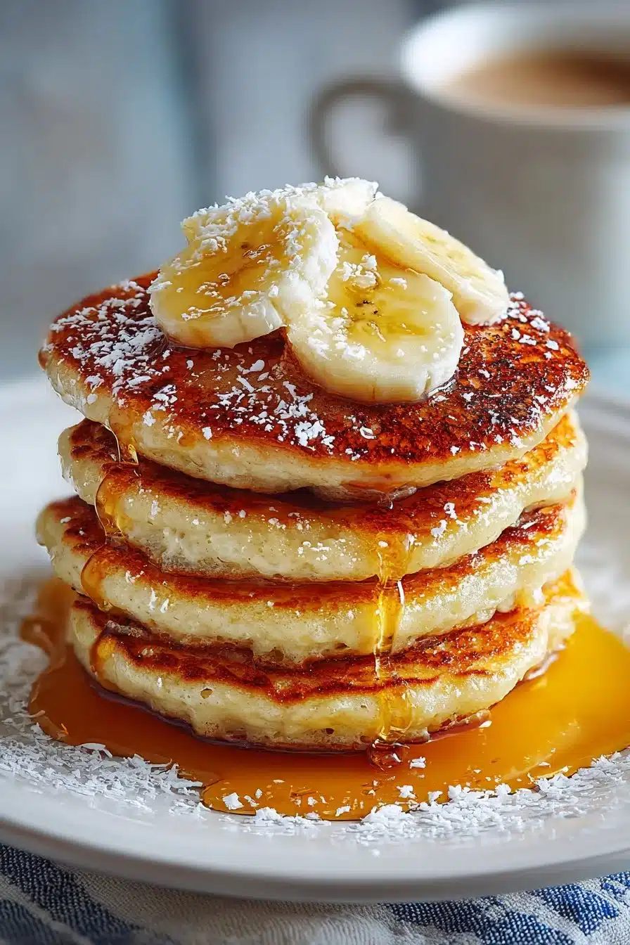Delicious fluffy healthy banana pancakes served with fresh fruit