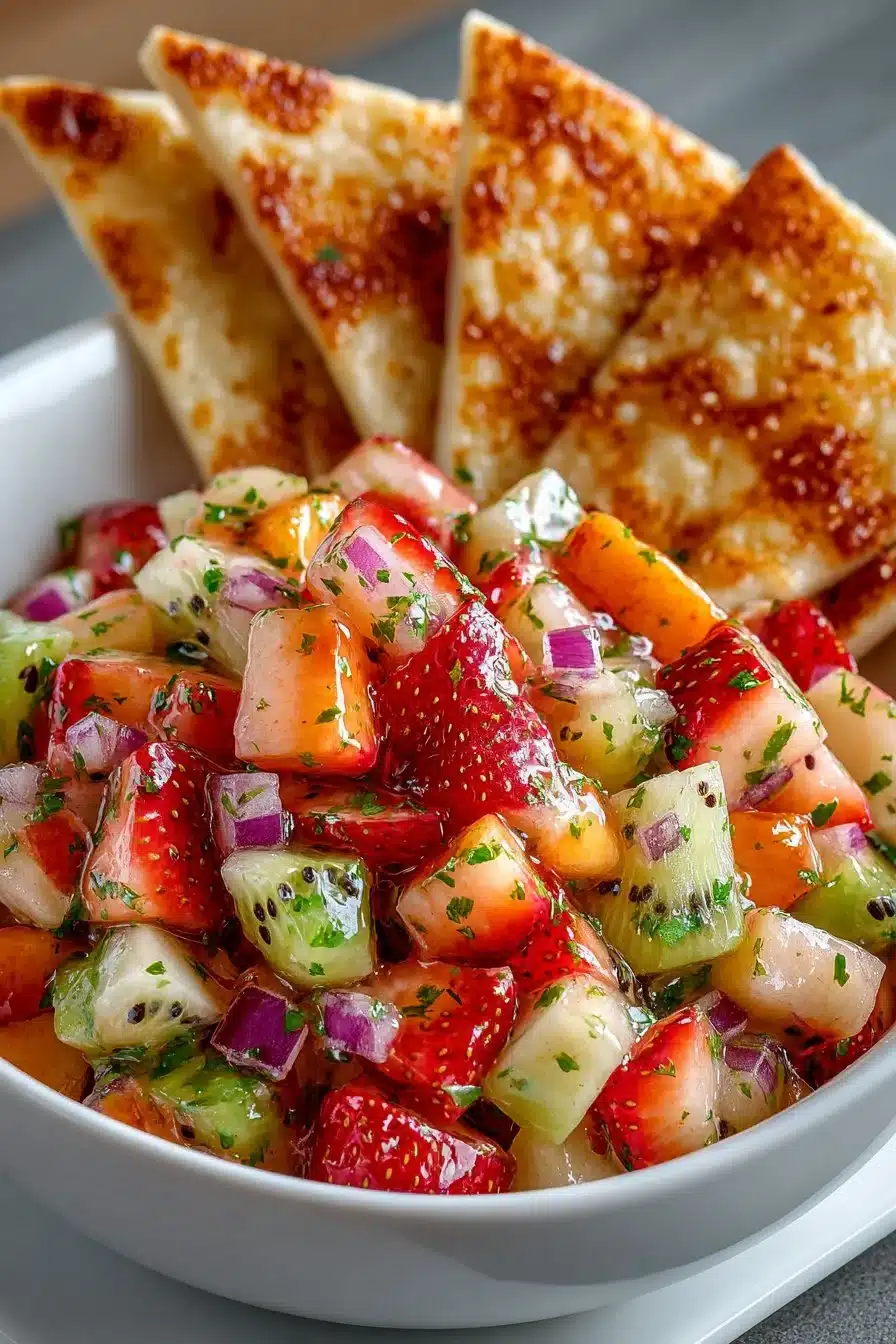 Fresh apple fruit salsa served with cinnamon chips in a colorful bowl