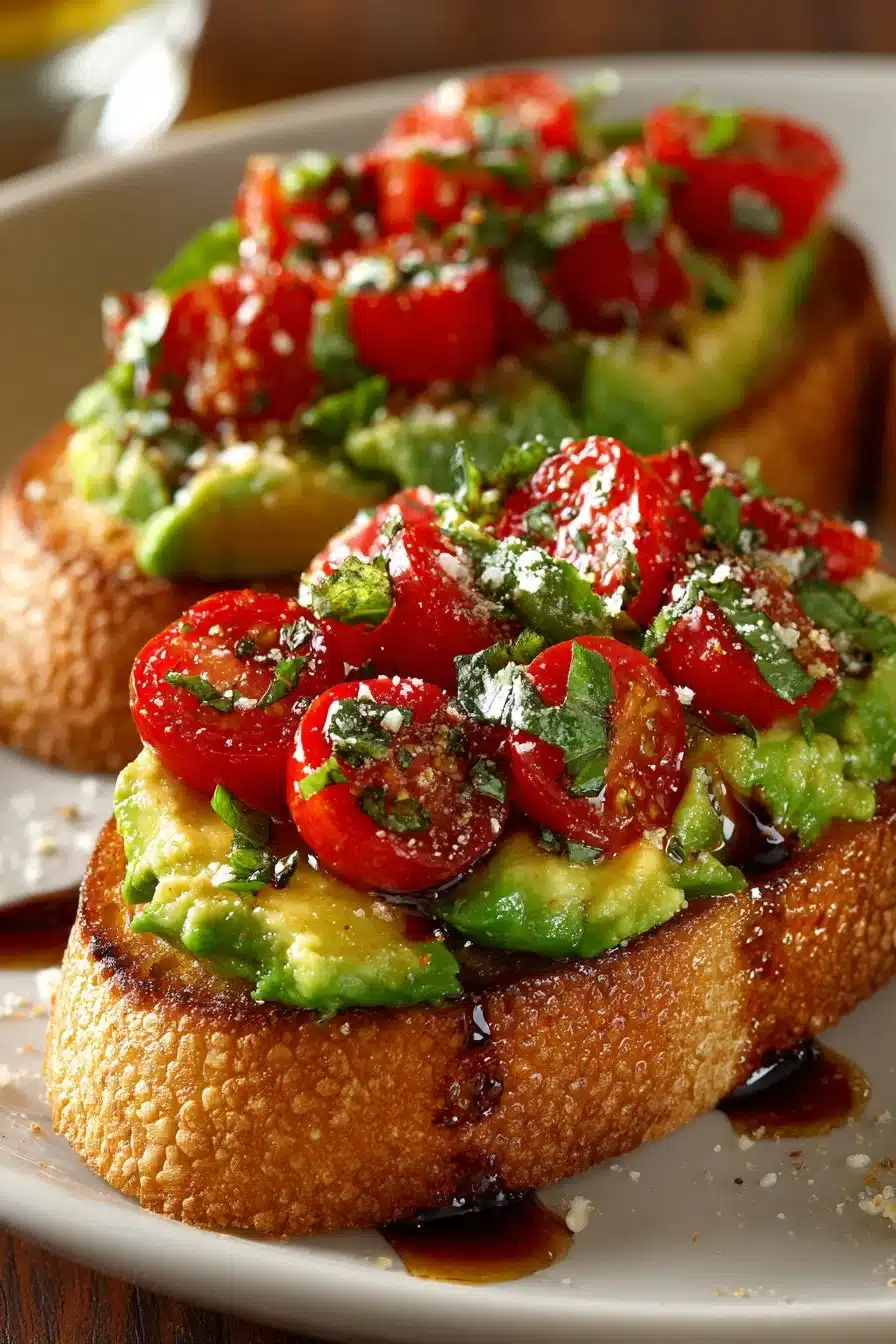 Fresh avocado balsamic bruschetta appetizer dip served on toasted bread