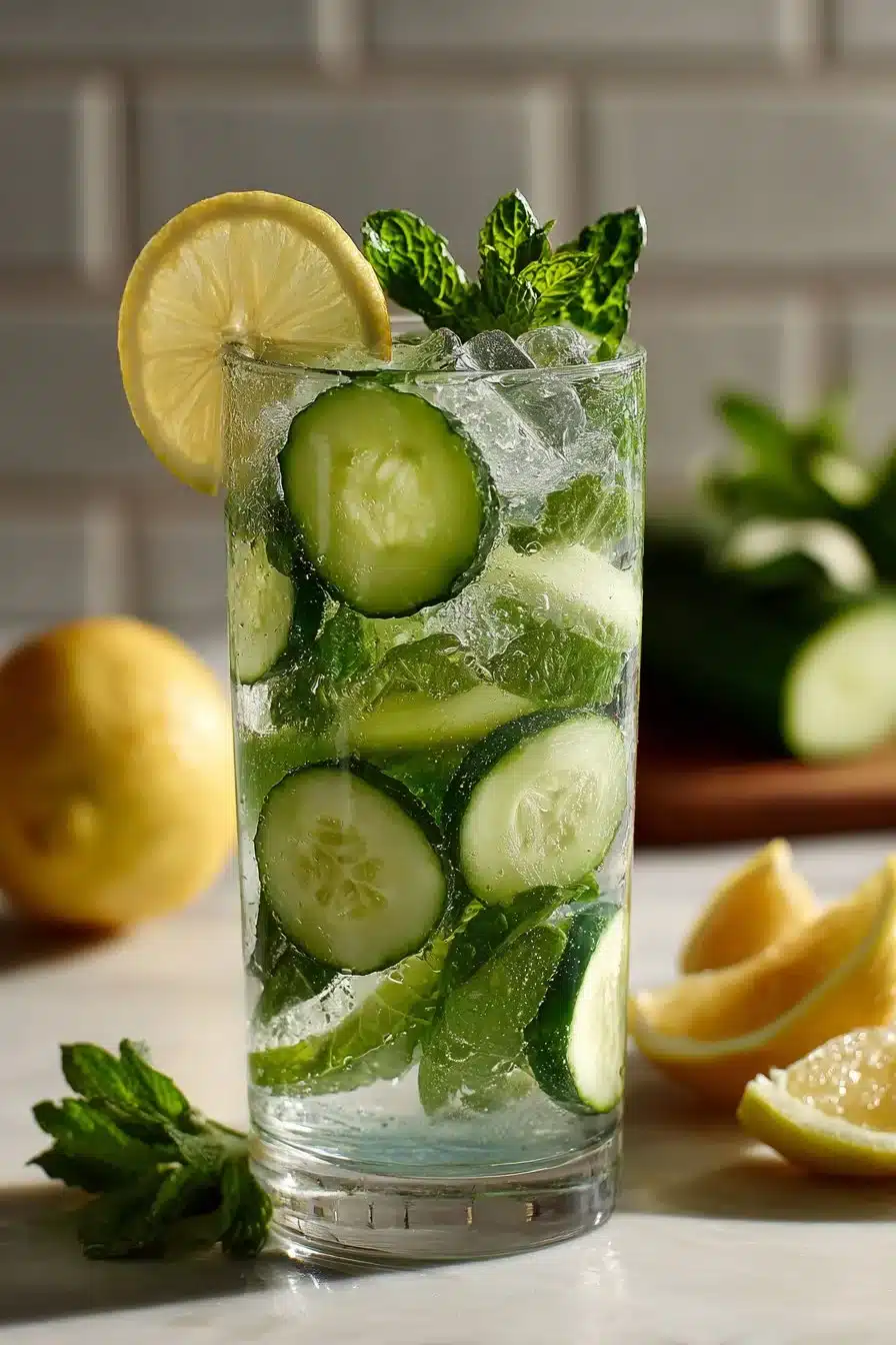 A refreshing glass of homemade cucumber mint lemonade with fresh herbs and cucumbers
