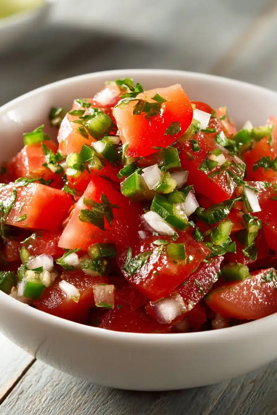 Bowl of fresh homemade Pico de Gallo salsa with colorful diced vegetables