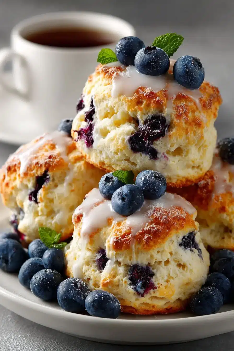 Fresh Summer Blueberry Scones with Lemon Glaze Fresh summer blueberry scones with lemon glaze on a rustic wooden table