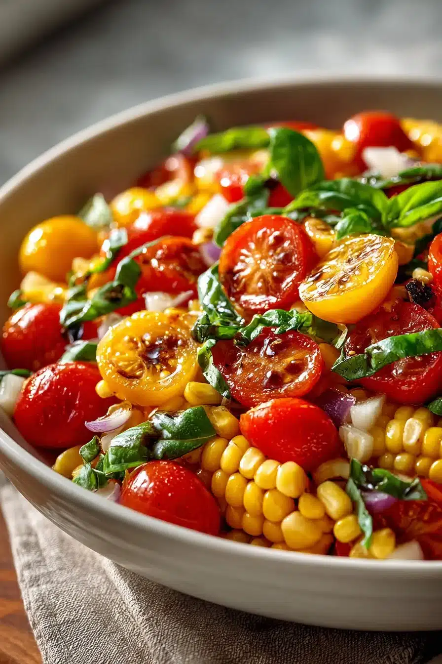 Fresh summer cherry tomato and roasted corn salad in a bowl