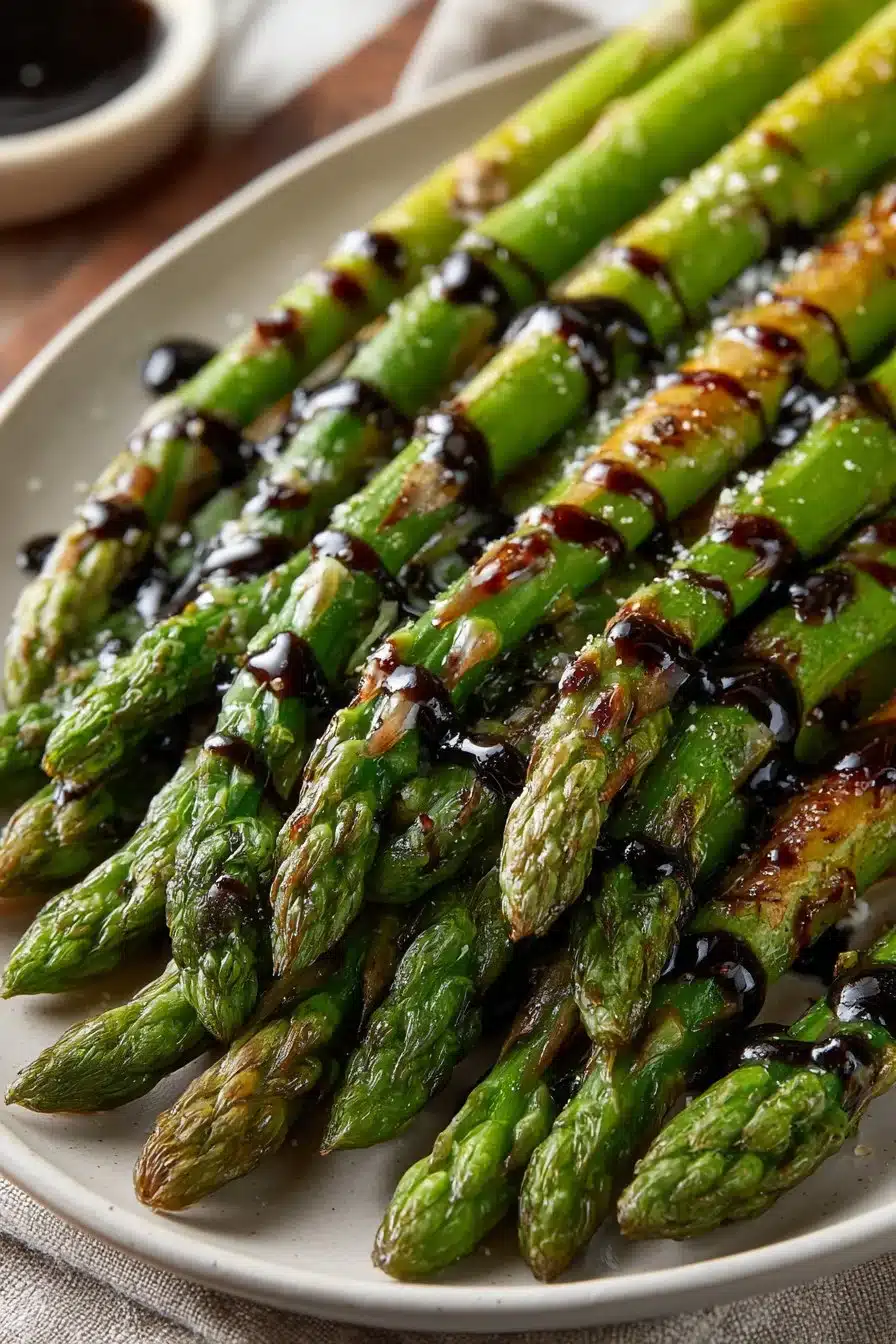 Fresh summer grilled asparagus drizzled with balsamic glaze on a plate