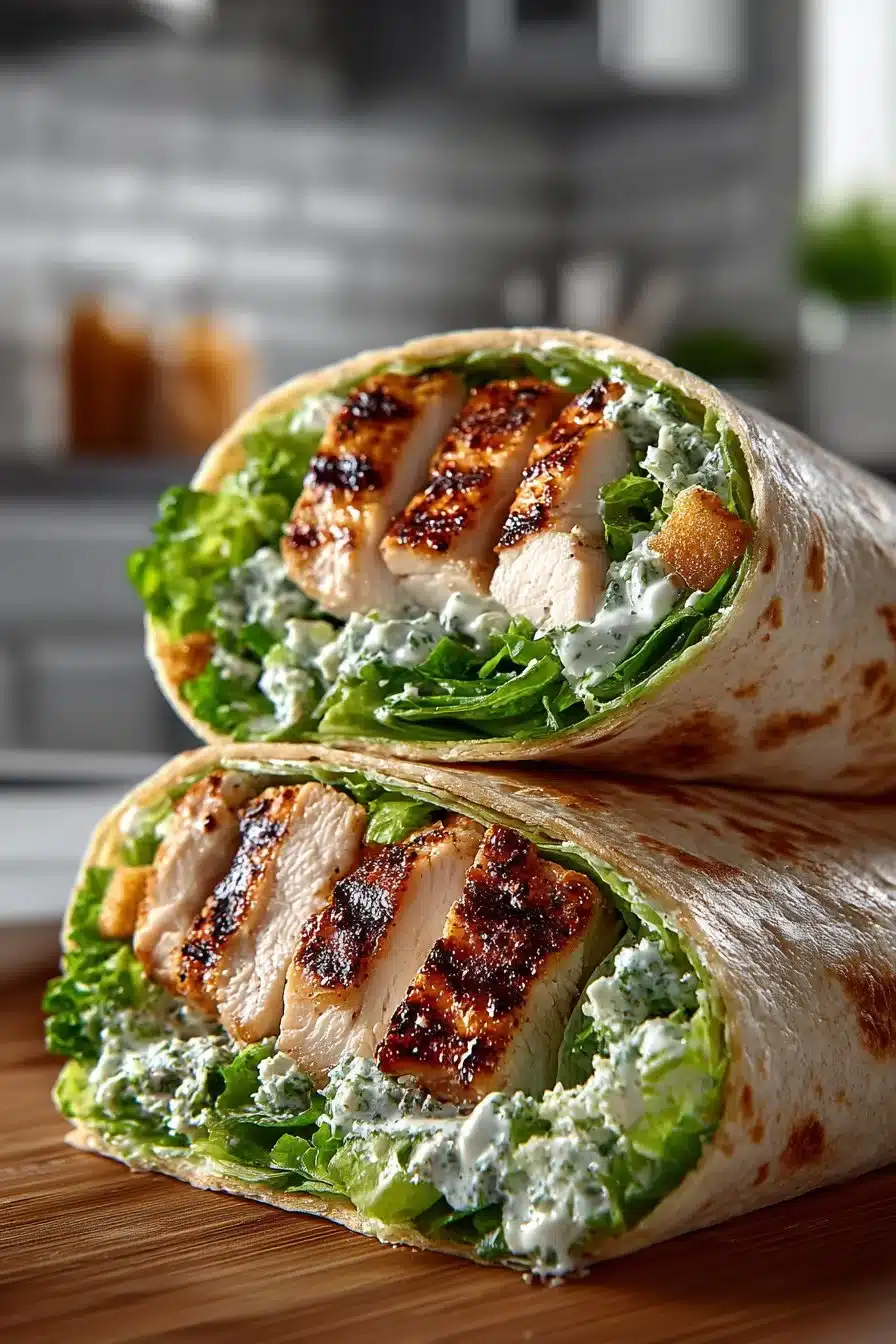 Fresh summer grilled chicken caesar wrap with greens and dressing