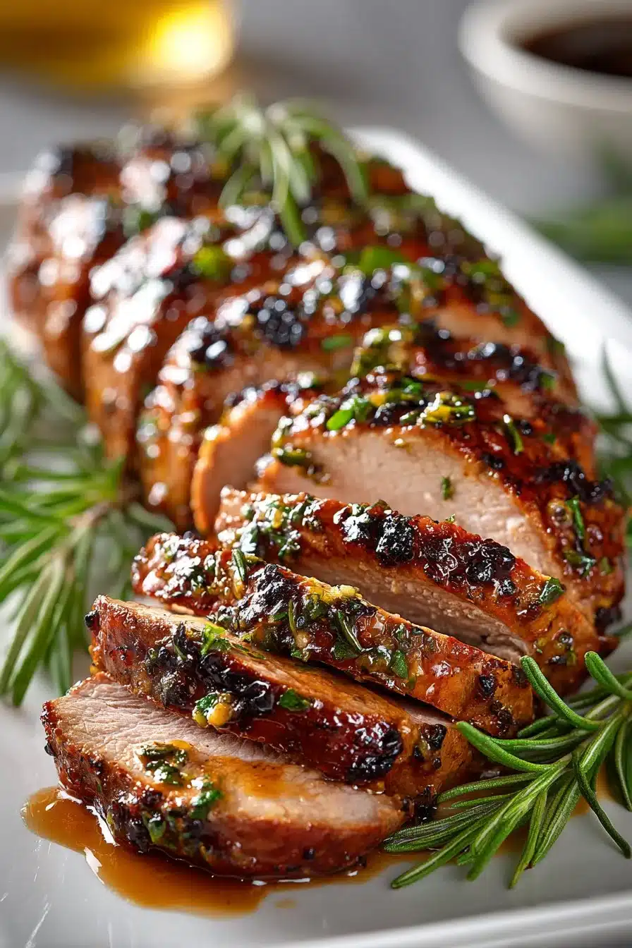 Grilled pork tenderloin with honey mustard glaze on a barbecue grill.