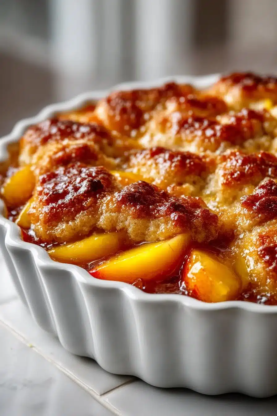 Fresh peach cobbler with cinnamon biscuits served in a rustic dish.