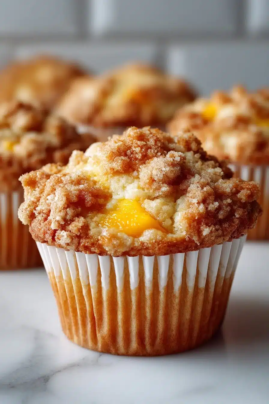 Fresh summer peach muffins with a crumb topping on a wooden table.