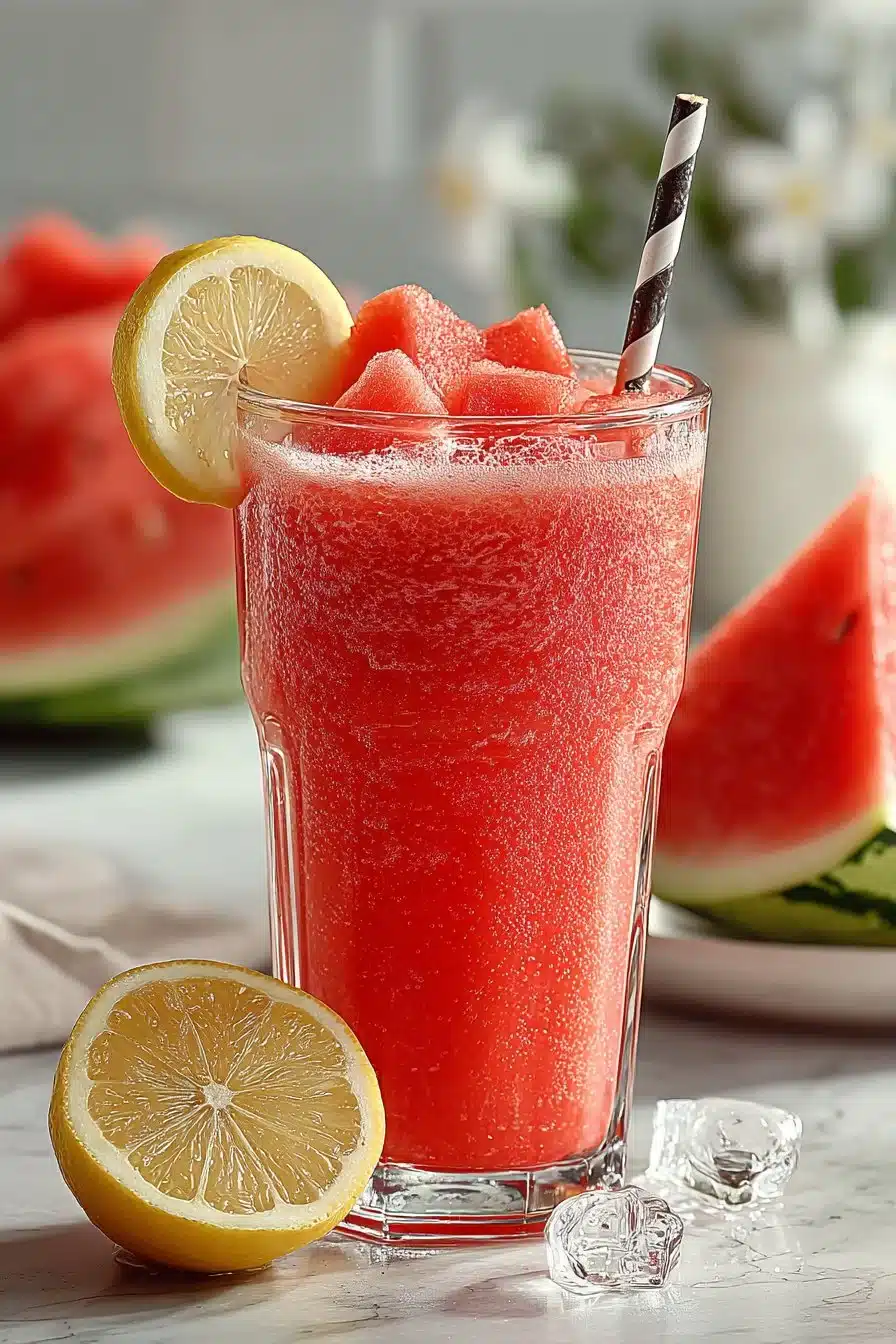 A refreshing glass of watermelon lemonade garnished with lemon slices and mint.