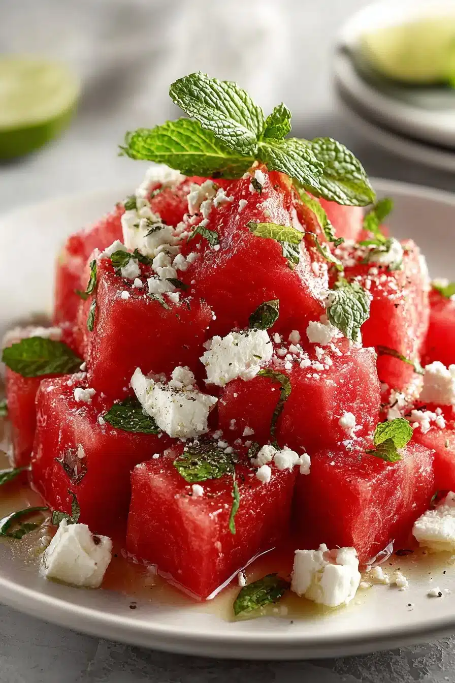 Refreshing summer watermelon salad with feta, mint, and lime dressing