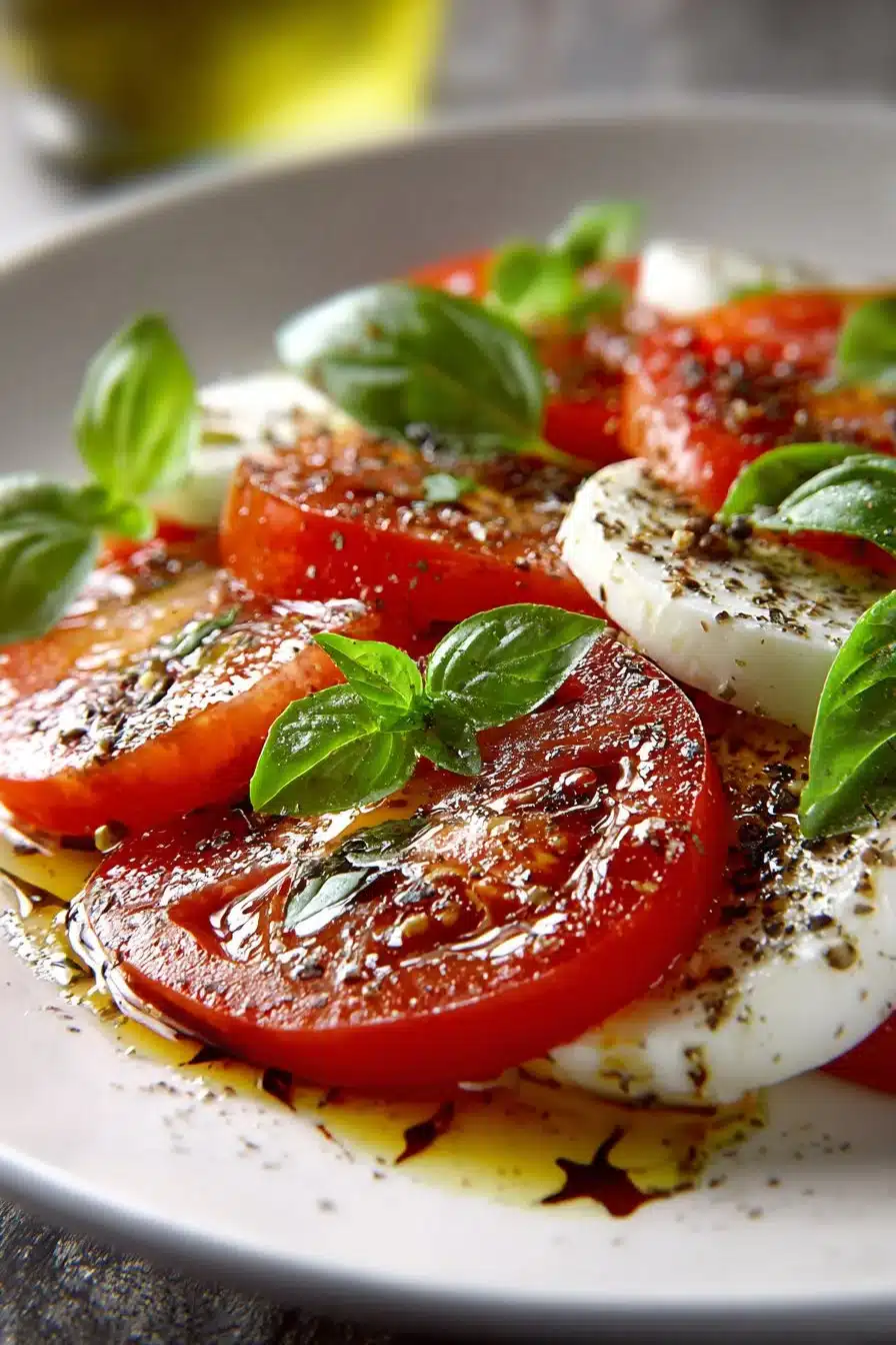 Fresh Tomato Basil Mozzarella Salad Vibrant Tomato Basil Mozzarella Salad with fresh ingredients served in a bowl.