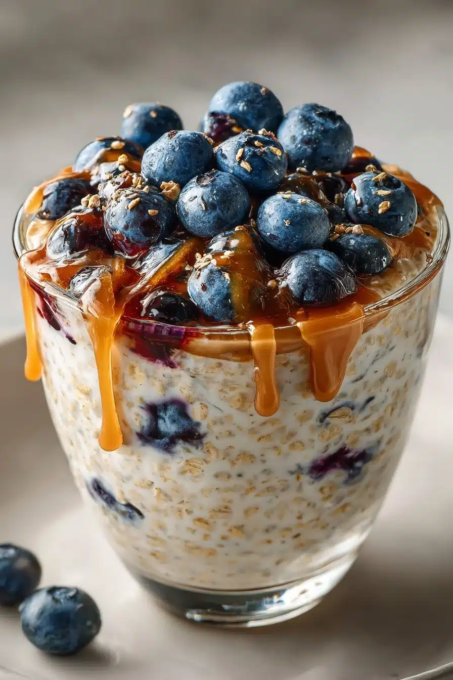 Bowl of almond butter blueberry overnight oats topped with fresh blueberries and nuts