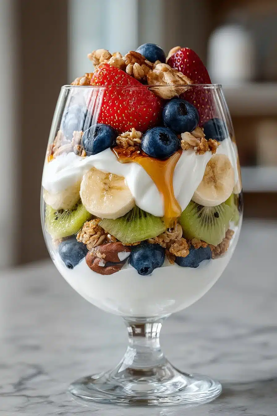 Healthy Greek yogurt parfait with fresh fruit layers
