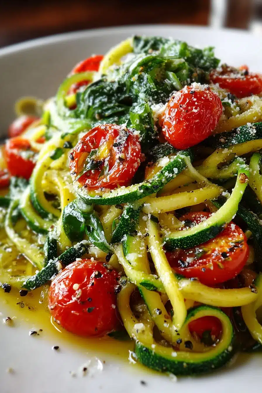Healthy Low Carb Zucchini Noodles Plate of healthy low carb zucchini noodles topped with fresh vegetables and sauce