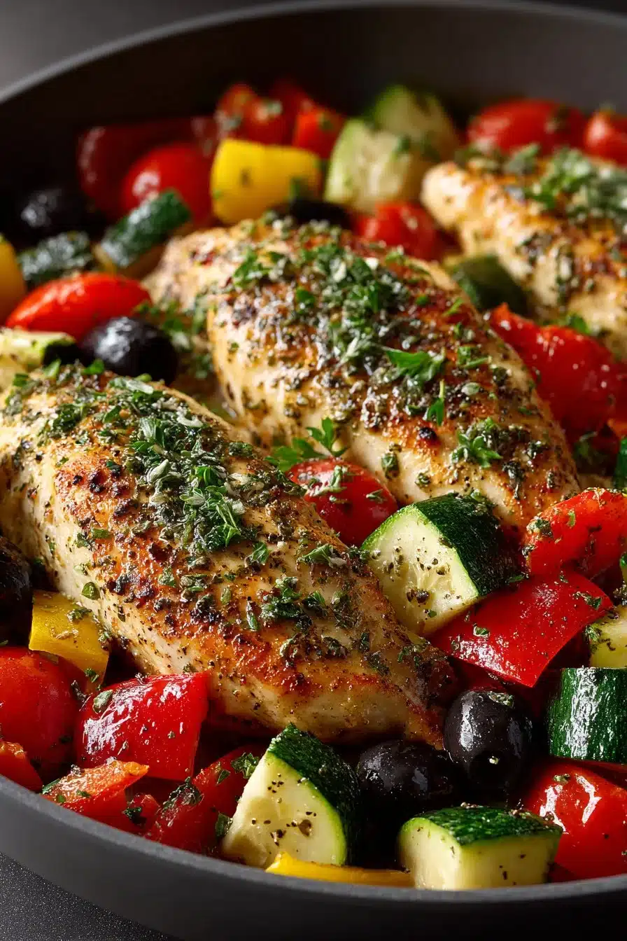 Healthy Mediterranean diet chicken skillet with fresh vegetables