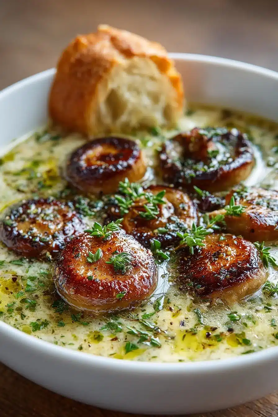 A bowl of healthy roasted garlic and mushroom soup garnished with herbs.