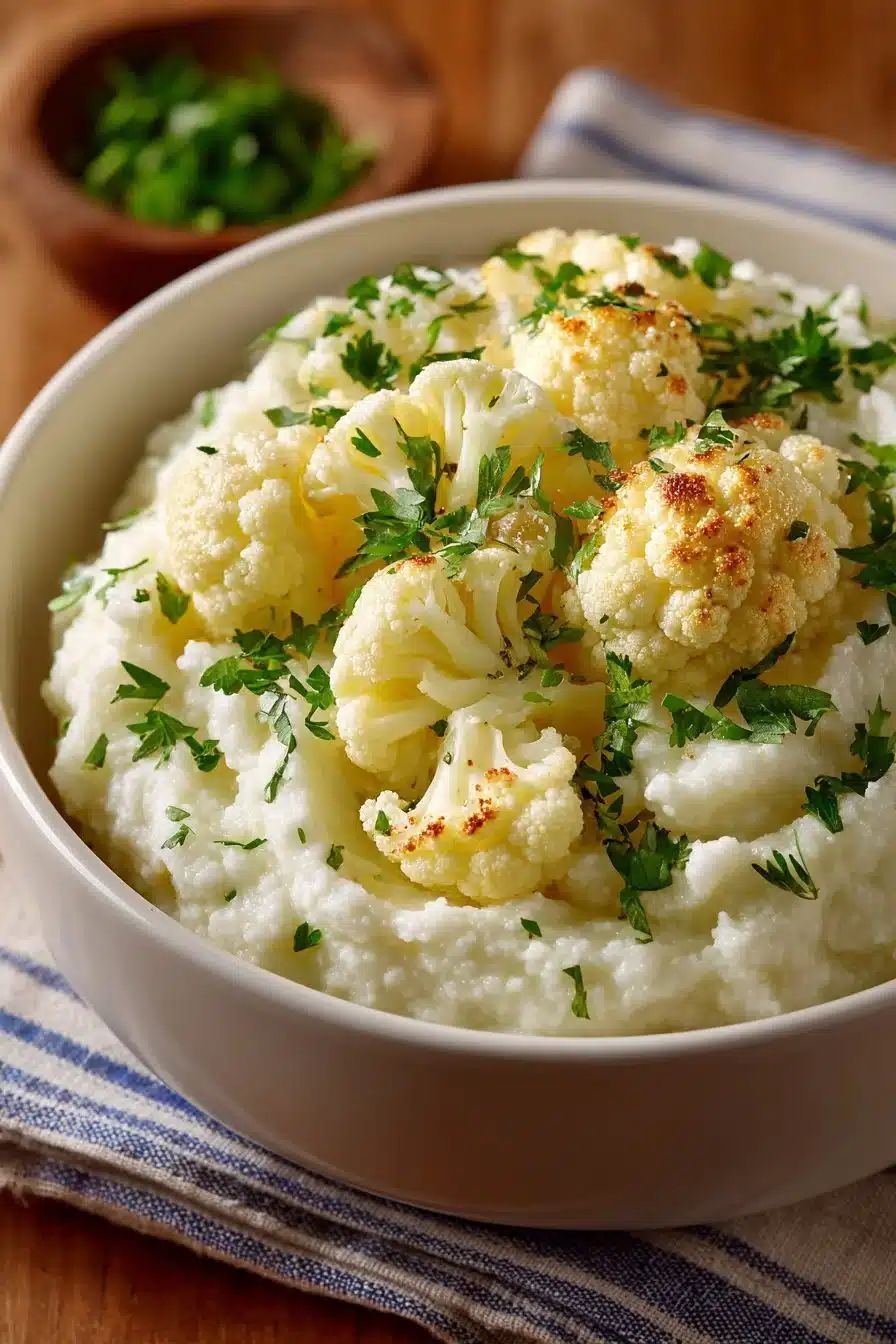 Plate of creamy garlic mashed cauliflower garnished with herbs
