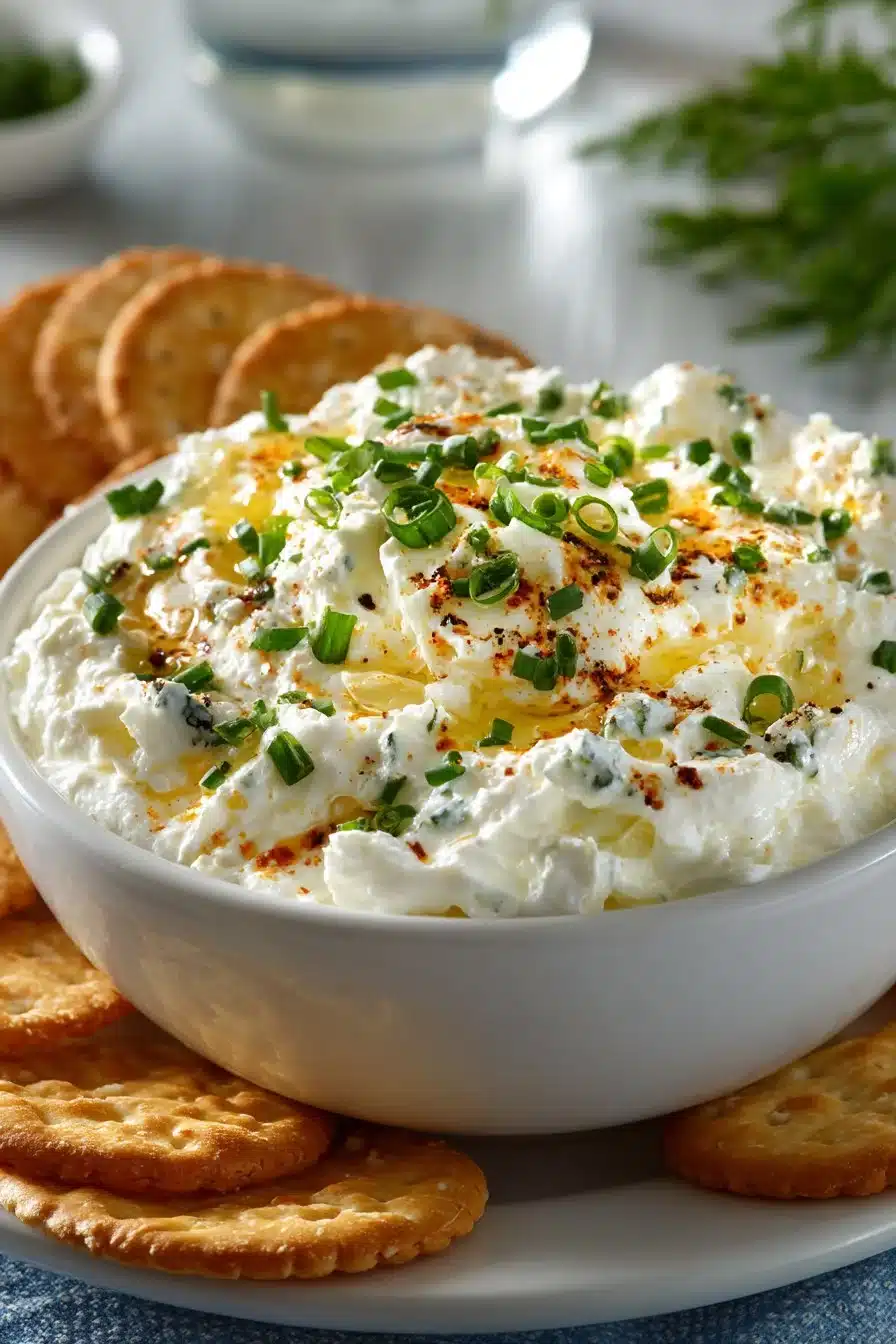 Homemade creamy onion dip served with fresh vegetables and crackers