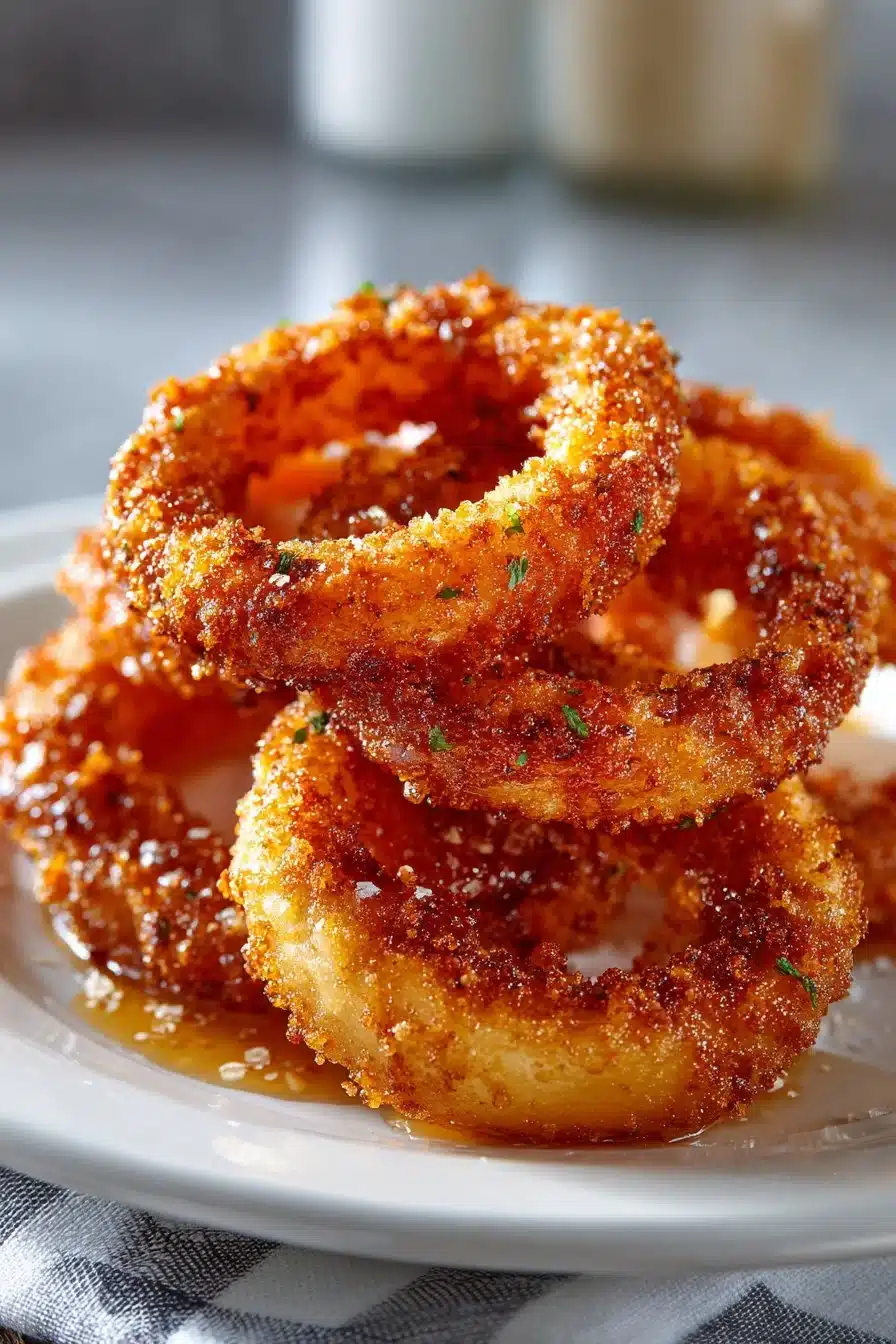 Homemade crispy onion rings served with dipping sauce, golden and delicious.