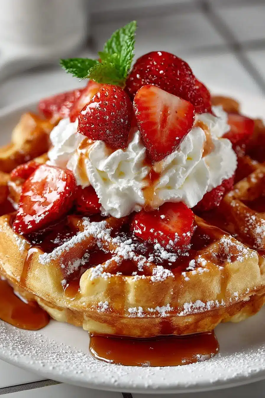 Fluffy homemade buttermilk waffles drizzled with strawberry syrup and fresh strawberries