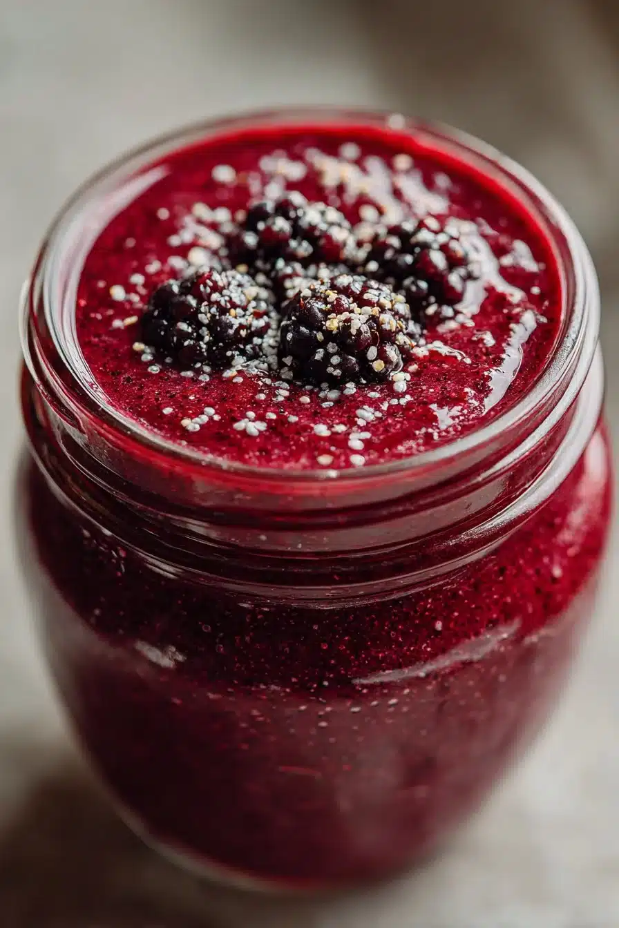 Homemade fresh blackberry vinaigrette dressing drizzled over a fresh salad