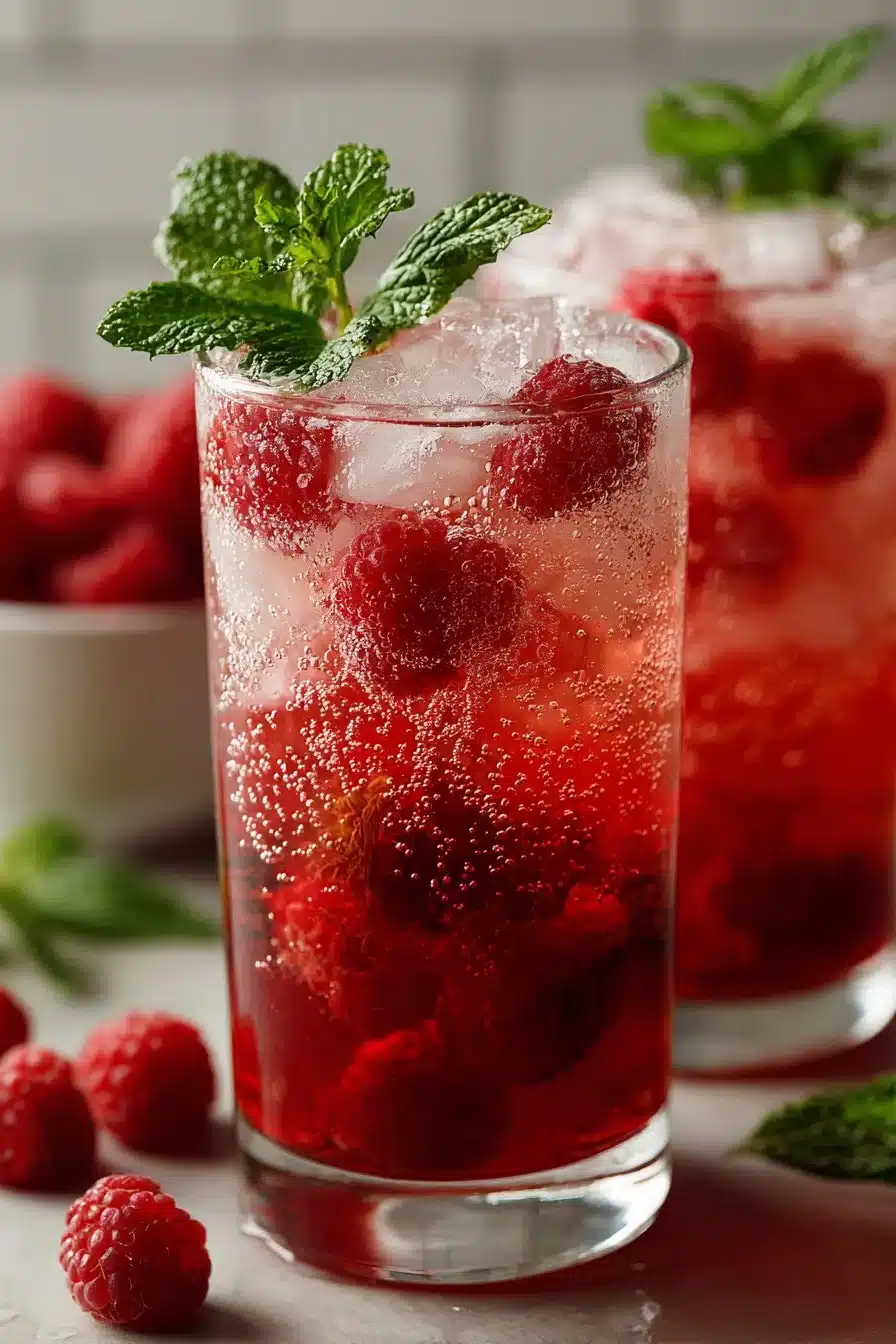 Homemade fresh squeezed raspberry iced tea in a glass with raspberries and mint leaves