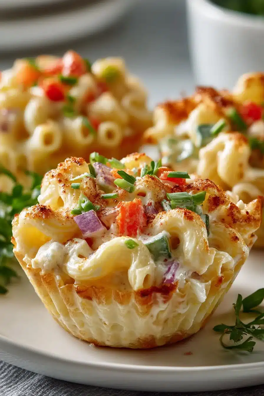 Hawaiian macaroni salad cups served on a platter