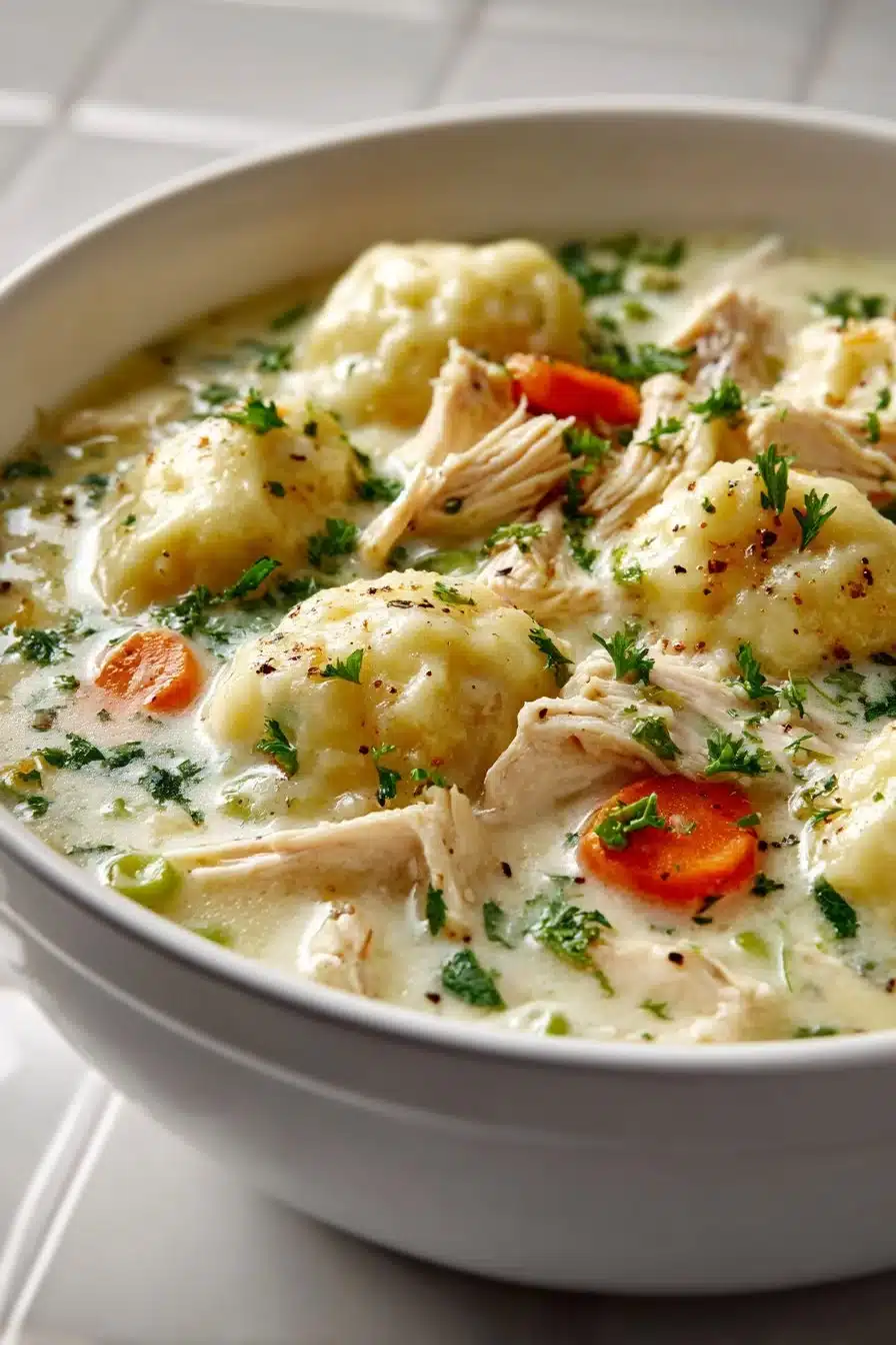 Homestyle chicken dumplings cooked from scratch, served in a bowl with broth.