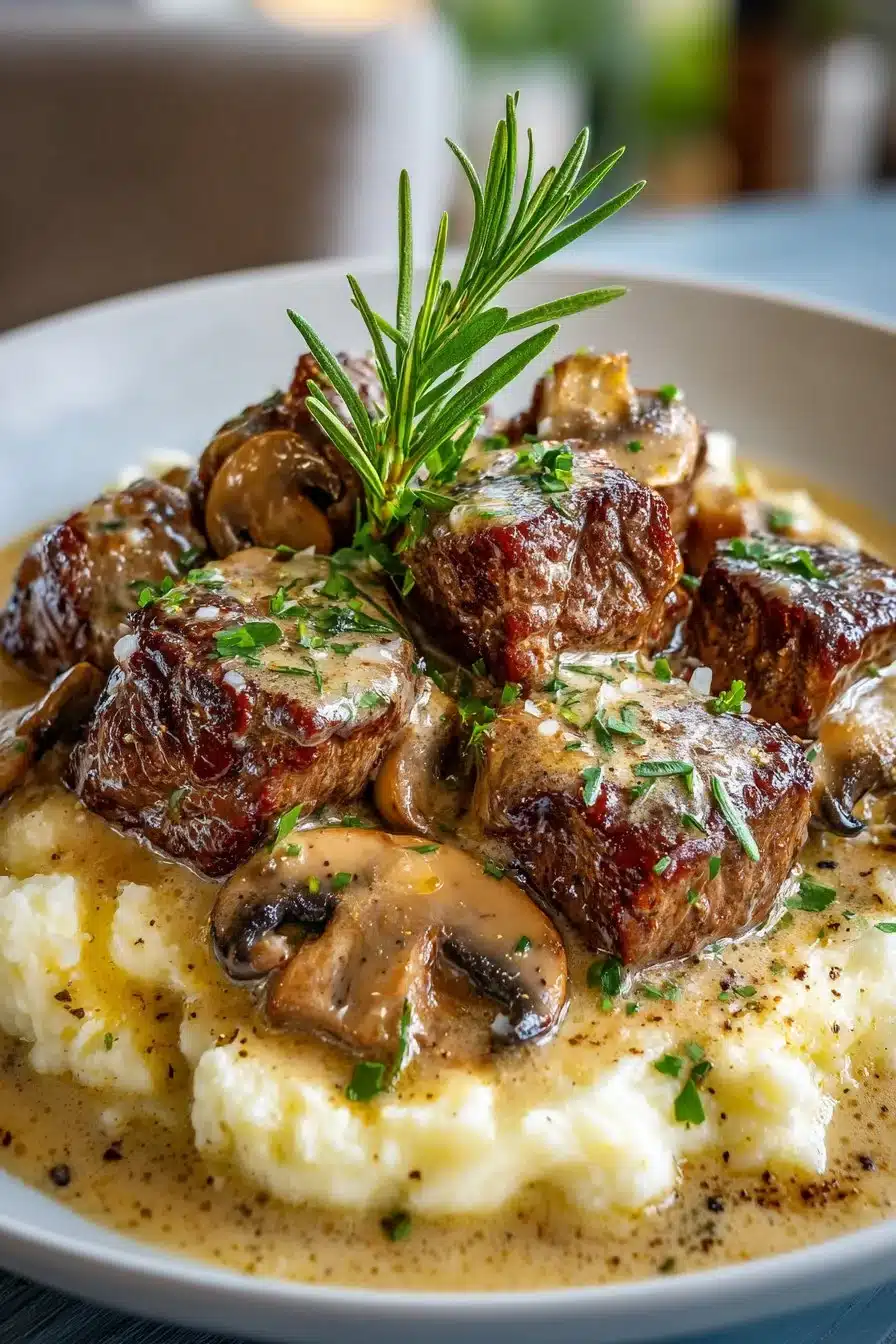 Delicious homestyle crockpot cubed steak and gravy served on a plate