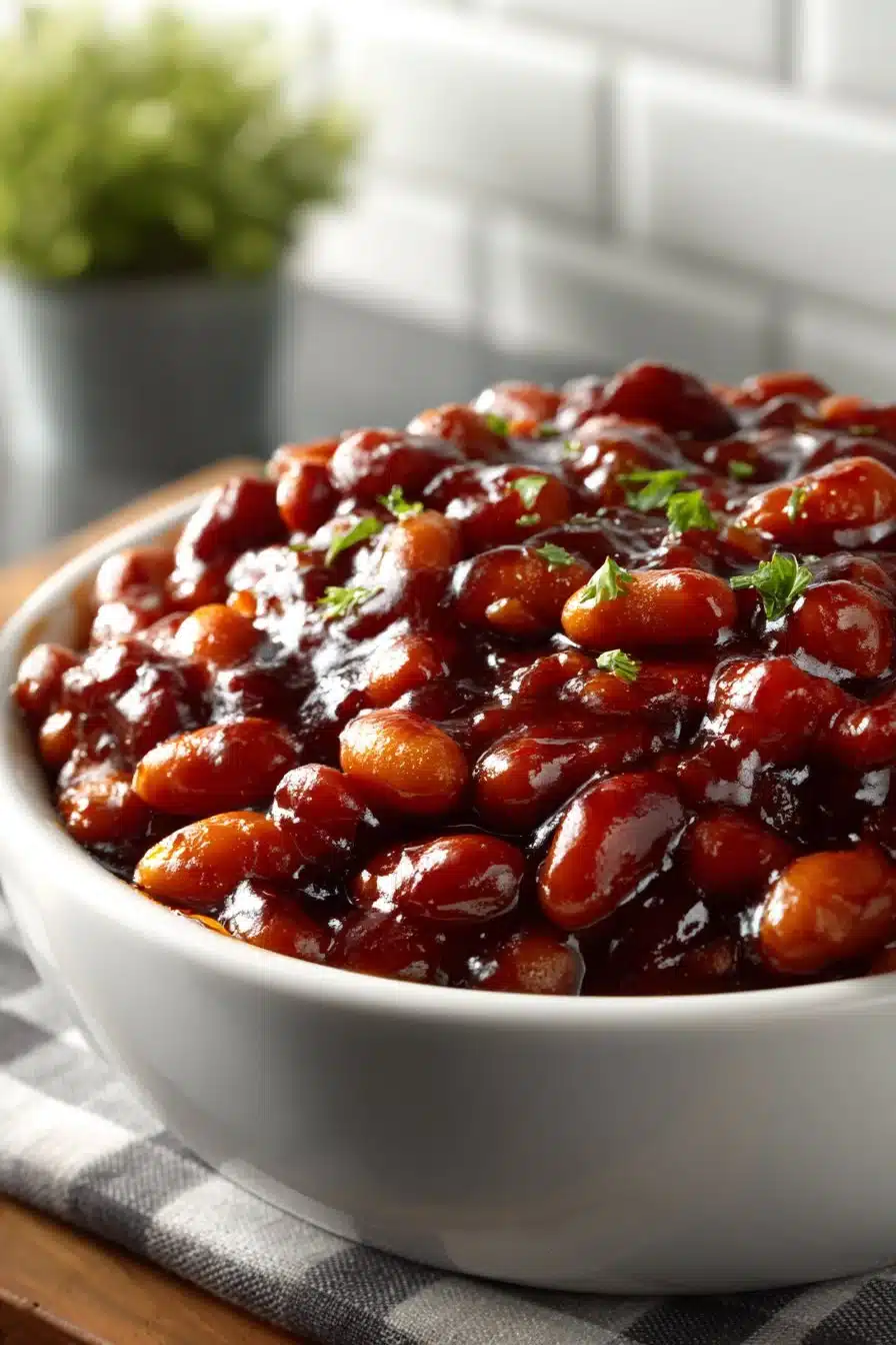 Homestyle Southern BBQ Baked Beans served in a rustic bowl