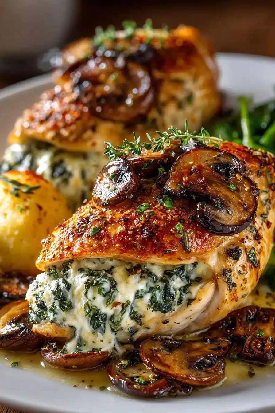 Mushroom Stuffed Chicken Breast A delicious mushroom stuffed chicken breast served with a side salad.