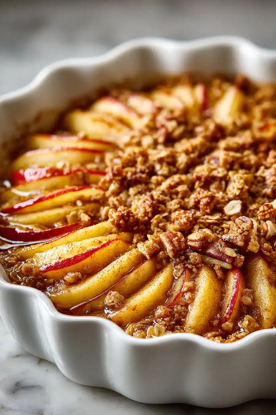 Delicious old fashioned apple crisp with oats baked in a rustic dish.