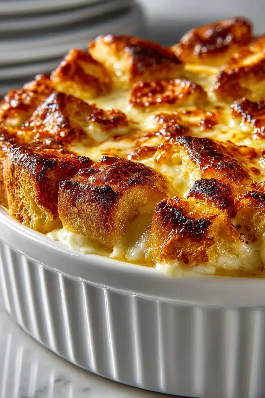 Delicious old fashioned baked vanilla bread pudding served warm