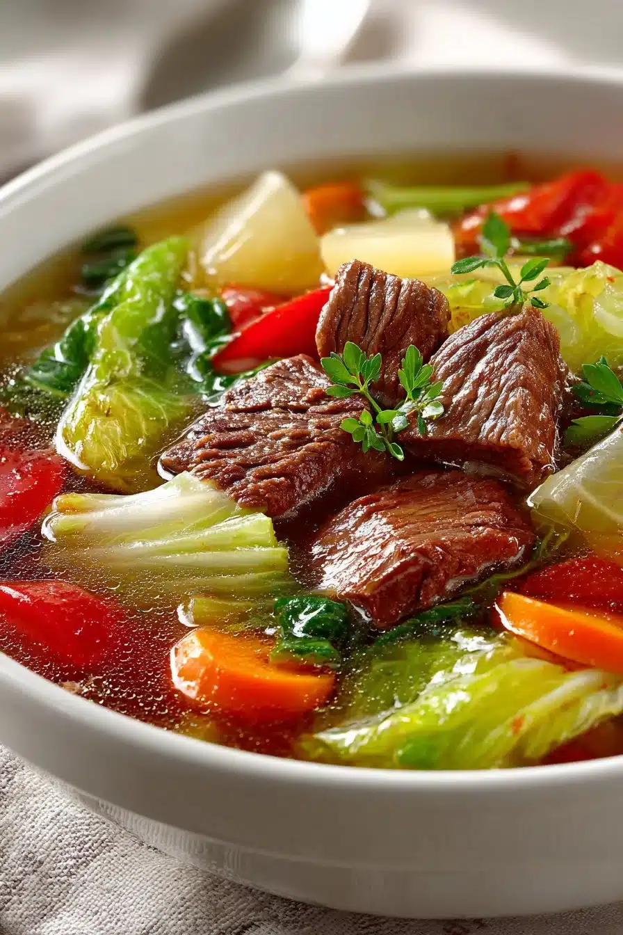 Bowl of old fashioned beef and cabbage soup garnished with herbs