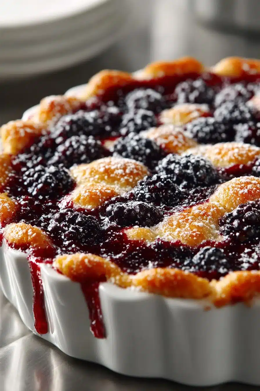 Slice of old fashioned blackberry cobbler served with vanilla ice cream