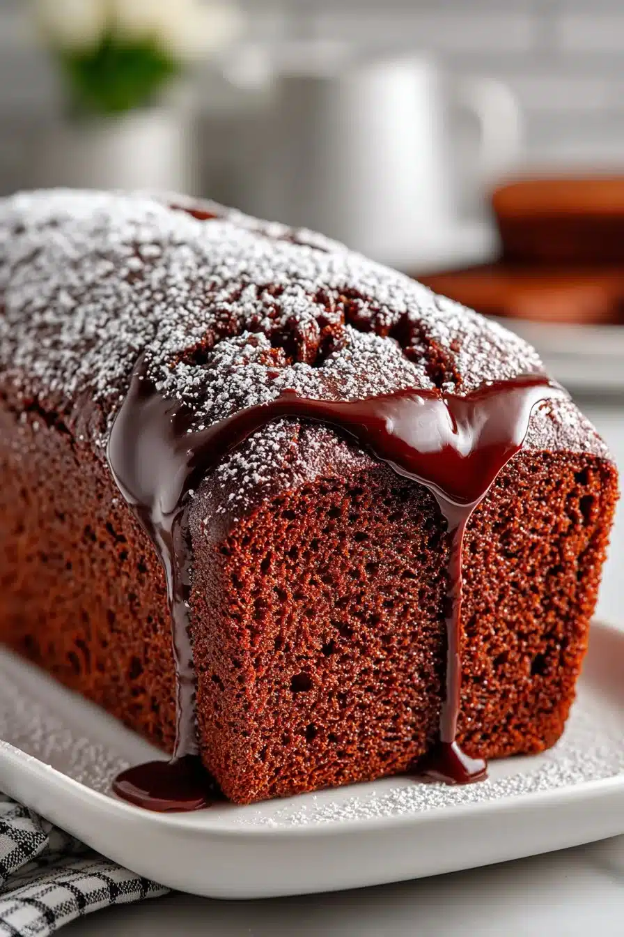 Old Fashioned Chocolate Mayonnaise Loaf Cake with rich chocolate glaze