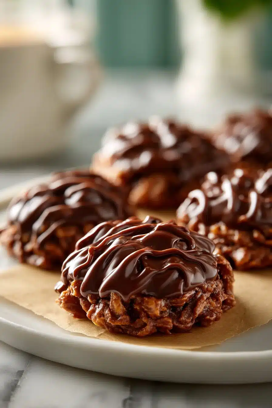 Plate of old fashioned chocolate peanut butter no bake cookies