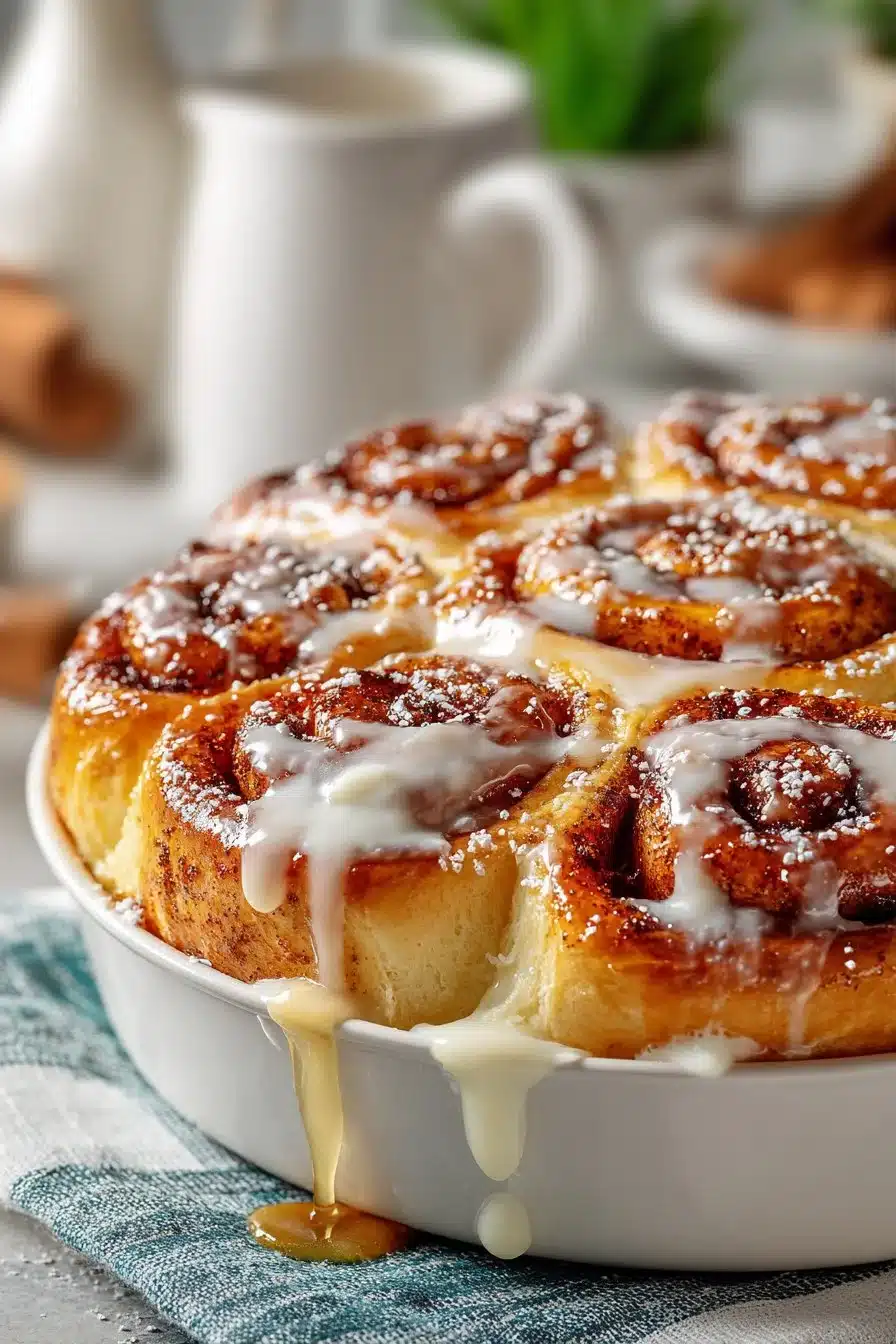 Delicious old fashioned cinnamon roll casserole served warm with icing.