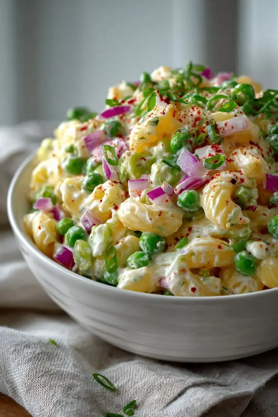 Old Fashioned Creamy Macaroni Salad with Sweet Peas served in a bowl